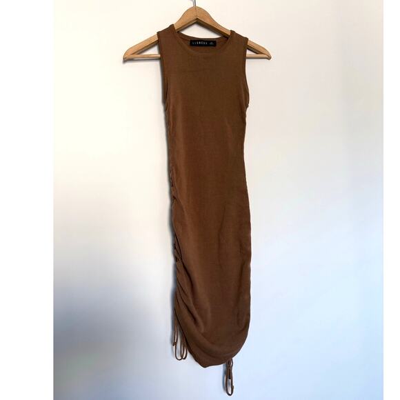 LIONESS revolve camel brown ruched Military Minds thick stretch mini dress - Picture 2 of 10